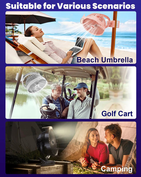 Rechargeable Clip On Fan 10000mAh, 8 Inch Portable Desk And Bedside Fan shown for beach, golf cart, and camping.