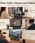 Desktop Monitor Soundbar With USB Powered Plug And Play Audio for Laptop and PC showing remote work, online class, video watching scenes.