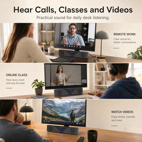 Desktop Monitor Soundbar With USB Powered Plug And Play Audio for Laptop and PC showing remote work, online class, video watching scenes.