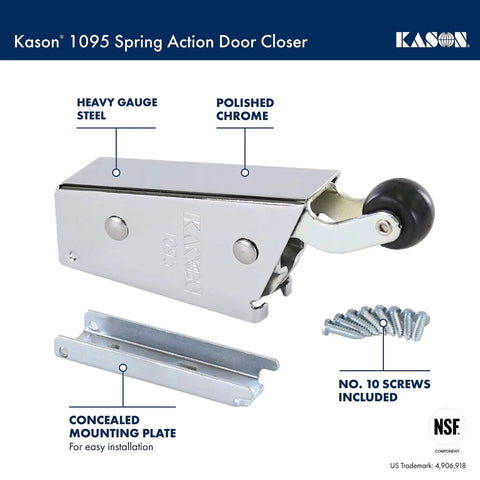 Spring Action Door Closer With Quiet Rubber Roller Heavy Duty Closure For Walk In Doors Fast Full Close Even With Gaskets And Air Pressure Direct Force Momentum Boost Easy Snap On Concealed Mounting Plate