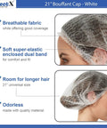 500 Pack White Disposable Hair Nets Bouffant Caps Elastic Head Covers For Food Service And Spa Use 21 Inch shown on mannequin