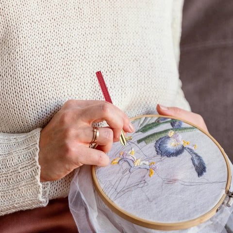 Person using Fully Loaded Embroidery Crochet Hook Kit With Wood Handle Nine Needles And Hooks For Beading Tambour And Latch Projects.