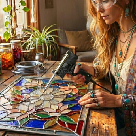 Person using Dual Watt Soldering Gun 400 And 150 Heavy Duty with Trig R Heat Control on stained glass project indoors.