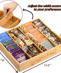 Two Pack K Cup Drawer Organizer Tray Made From Natural Bamboo With Adjustable Dividers To Separate Coffee Pods Tea Bags And Silverware Perfect Coffee Station Organizer For Kitchen Or Home Office Keeps Drawers Neat And Accessible with 12.6x11 inches dimension and pull-out dividers shown.