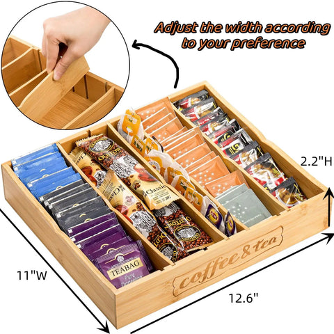 Two Pack K Cup Drawer Organizer Tray Made From Natural Bamboo With Adjustable Dividers To Separate Coffee Pods Tea Bags And Silverware Perfect Coffee Station Organizer For Kitchen Or Home Office Keeps Drawers Neat And Accessible with 12.6x11 inches dimension and pull-out dividers shown.