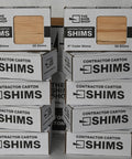 Premium 8 Inch Tapered Kiln Dried Cedar Wood Shims Bulk Contractor Case 560 Count boxes stacked for easy access.