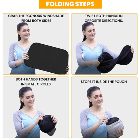 Woman folding 4 Pack Car Window Sun Shades For Baby And Kids, Foldable Cling Window Covers To Block UV, Medium Size 21x12