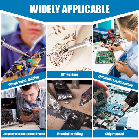 Collage showing 2 In 1 Soldering Station With SMD Hot Air Rework in circuit board welding, DIY welding, electronics maintenance