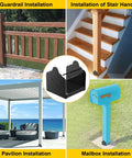 Stainless Steel 6x6 Post Base Bracket Set Adjustable Internal 5.5 by 5.5 Inch Mount for Pavilion Deck Porch Handrail Railing Support Decorative Anchor Plate Built Tough Easy Install Outdoor shown in multiple applications including guardrail, stair handrail, pavilion, and mailbox.