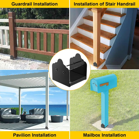 Stainless Steel 6x6 Post Base Bracket Set Adjustable Internal 5.5 by 5.5 Inch Mount for Pavilion Deck Porch Handrail Railing Support Decorative Anchor Plate Built Tough Easy Install Outdoor shown in multiple applications including guardrail, stair handrail, pavilion, and mailbox.