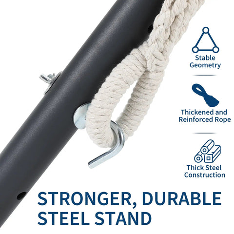Close-up of the steel stand and rope for Two Person Brazilian Style Hammock With Steel Stand For Indoor And Outdoor Use, 450 Pound Capacity.