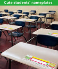 Classroom with desks featuring Self Adhesive Primary Kid Friendly Desk Nameplates Pack Of 36 Featuring Manuscript Alphabet, 13.8 x 4 in size.