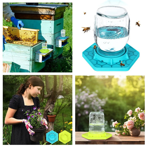2 Pack Bee Watering Station For Garden Beekeeping, Mason Jar Compatible shown in garden and hive settings.