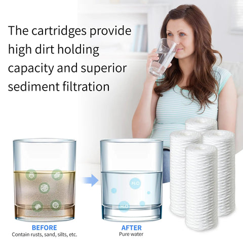 4 Pack Sediment Water Filter Cartridges With O Rings For Pelican PC40 Compatibility 5 Micron 10 Inch Whole House Replacement Reducing Bad Taste Odor And Sediment showing before and after water filtration with image of woman drinking clear water