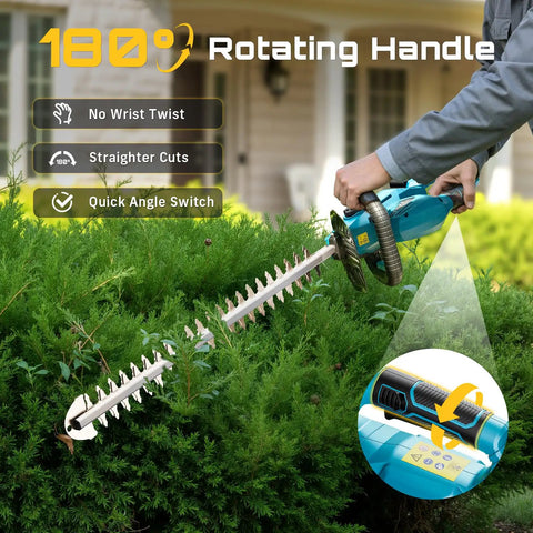 User trimming hedge with Cordless 20V Hedge Trimmer With 20 Inch Dual Action Blades Dual 4.0Ah Batteries Rotatable Handle Lightweight Electric Shrub Cutter