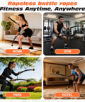 People using Ropeless Battle Ropes For Home Gym, Adjustable Cordless Ropes With Dual Weight Rings, indoors and outdoors in various settings.