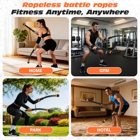 People using Ropeless Battle Ropes For Home Gym, Adjustable Cordless Ropes With Dual Weight Rings, indoors and outdoors in various settings.