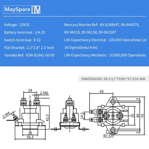 Technical diagram of 2-Pack 12V Power Trim Solenoid Switch for Mercury Mariner Outboard Motors with dimensions and specs.
