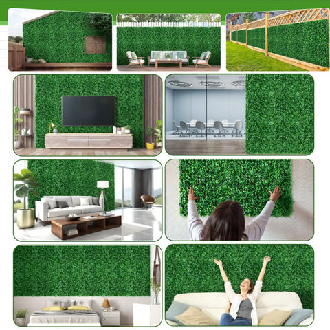 Various uses of Ivy Privacy Fence Screen 40 By 120 Inch UV Resistant Faux Boxwood Roll for decor and privacy in indoor and outdoor settings.
