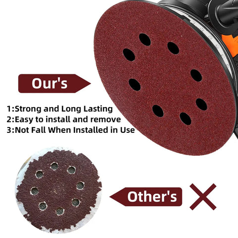 Comparison of 100 Pack Five Inch Eight Hole Sanding Discs Grit From 60 To 2000 for durability and fit on orbital sanders.
