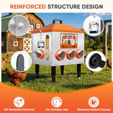 Total Game Changer 55 Pound Automatic Chicken Feeder With Eight Deep Ports And A Quick Peek Window showcasing galvanized design for outdoor use.