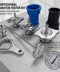 Top Shelf Coolant Pressure Tester Kit With 27 Heavy Duty Adapters For No Sweat Radiator System Leak Detection and Smooth Cooling Circuit Pressure Testing For Tesla Porsche Models includes metal adapters and a gauge.