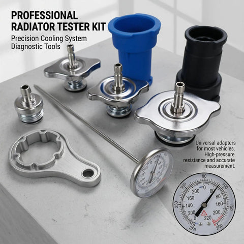 Top Shelf Coolant Pressure Tester Kit With 27 Heavy Duty Adapters For No Sweat Radiator System Leak Detection and Smooth Cooling Circuit Pressure Testing For Tesla Porsche Models includes metal adapters and a gauge.