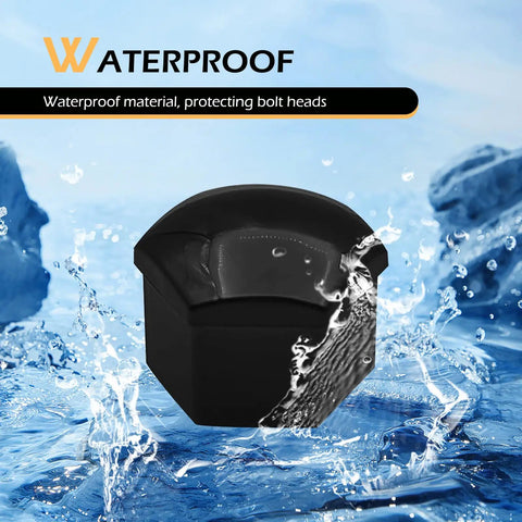 Waterproof 20 Pack Lug Nut Covers 21mm Bolt Caps With Removal Tool Hexagonal Plastic Dustproof Wheel Nut Rim Covers Universal Fit For Most Cars Black 21mm Durable PP Construction Built To Last In Any Weather, with water splashing.