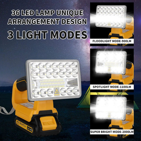 20V Max LED Work Light Flashlight For Dewalt Battery with 36 LED lamp, three light modes, highlighted against dark background.