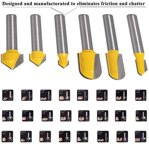Quarter Inch Shank Crown Molding Router Bit Set Pro Grade 41 Piece Kit with six carbide bits displayed in front view