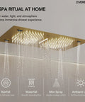 Luxury Ceiling Mount Shower System With Integrated Bluetooth Music Player And Brushed Gold Rainfall Panel, waterfall and mist spray features.