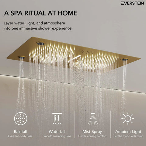 Luxury Ceiling Mount Shower System With Integrated Bluetooth Music Player And Brushed Gold Rainfall Panel, waterfall and mist spray features.
