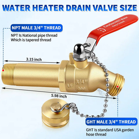 Heavy Duty Full Port Water Heater Drain Valve Three Quarter Inch NPT Inlet To Three Quarter Inch GHT Outlet Lead Free Brass