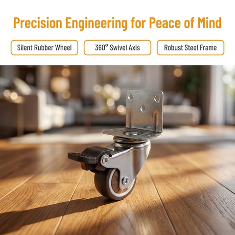 Four Pack Replacement Wheels With Locking Brakes One And A Half Inch TPR Rubber Side Mount Casters on wood floor