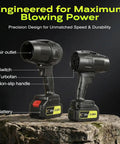 Two Ultra Lightweight Cordless Leaf Blower With Turbo Boost Up To 10,000 RPM, 21V Power, 2x3.0Ah Batteries shown on a stone surface