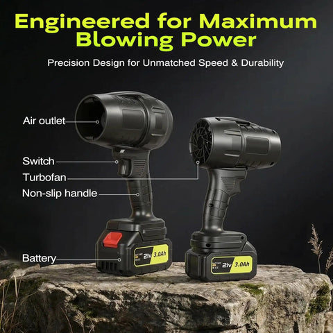Two Ultra Lightweight Cordless Leaf Blower With Turbo Boost Up To 10,000 RPM, 21V Power, 2x3.0Ah Batteries shown on a stone surface