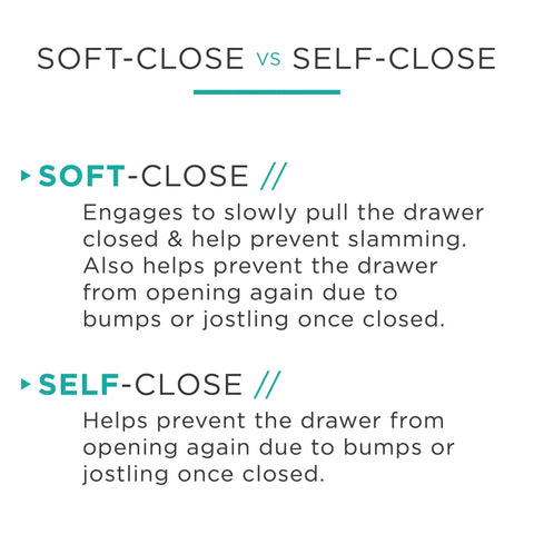 Comparison chart explaining differences between soft-close and self-close mechanisms for drawer slides.