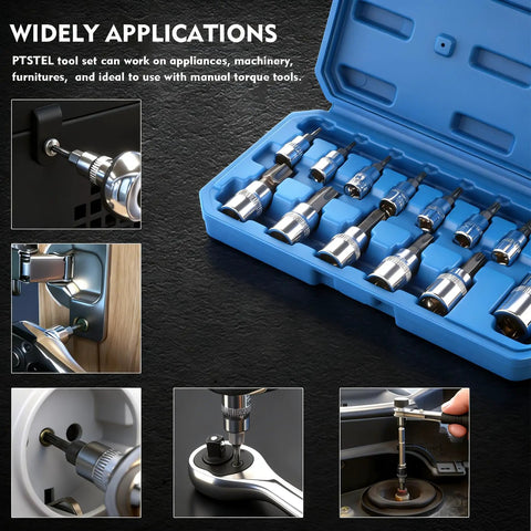 Torx Bit Socket Set 13 Piece T8 To T70 CRV Star Sockets Pro Grade For One Quarter Inch Three Eighths Inch And One Half Inch Drives