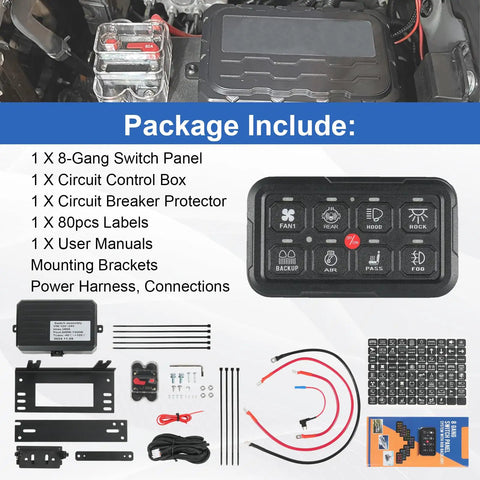 8 Gang Switch Panel With Built In Relay And Fuse Wiring Harness For Pickup Truck Boat ATV UTV Universal Circuit Control System Auto Dimming LED Switch Pod On Off Controls Six Devices All In One including components and wiring diagram