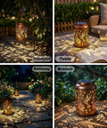 Hummingbird Solar Lanterns For Outdoor Garden Decor with gold copper finish illuminating courtyard, table, pathway, and branch.