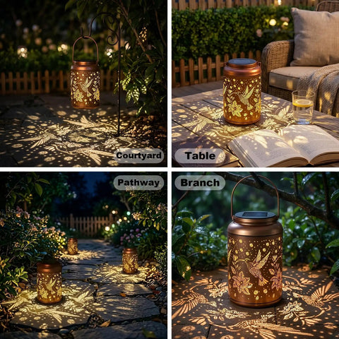 Hummingbird Solar Lanterns For Outdoor Garden Decor with gold copper finish illuminating courtyard, table, pathway, and branch.