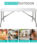 Six Foot Folding Table For Indoor And Outdoor Use, Portable Heavy Duty Fold In Half Plastic Dining Table With Carrying Handle
