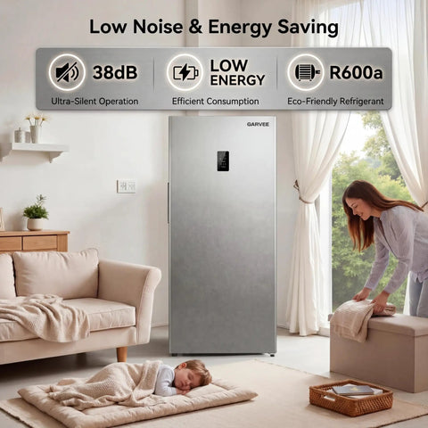 Solid 14 Cubic Foot Upright Freezer Featuring Adjustable Wire Shelves And Hassle Free Frost Cooling That Keeps Your Grocery Haul Frozen Solid Effortlessly For Garage Kitchen Or Basement Use in a modern living space.