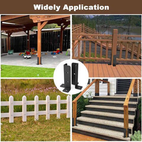 Adjustable Deck Post Anchor Brackets Kit Fits 1.5x1.5, 2x2, 2x4, 4x4 Posts Heavy Duty Half Column Base For Wood Fence Pergola And Railing DIY Replacement And Stabilization, installed on various outdoor structures.