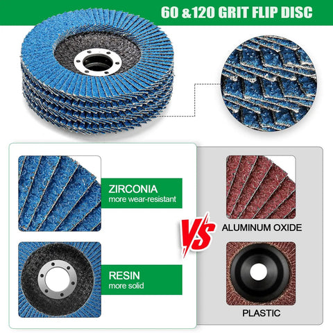 Wood Carving Disc Set For 4 Inch And 4.5 Inch Angle Grinders, 14 Piece Grinding Wheels Kit showing 60 and 120 grit flap discs.