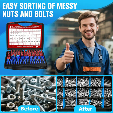 Detachable 76Pcs Thread Checker Set With 38 Standard And 38 Metric Sizes Nut And Bolt Thread Gauge For Quick Size Finder In Tight Spots And Narrow Areas Flexible Handy DIY Tool Kit For Pros And Home Mechanics. Open case with red and blue aluminum thread gauges for sorting nuts and bolts.
