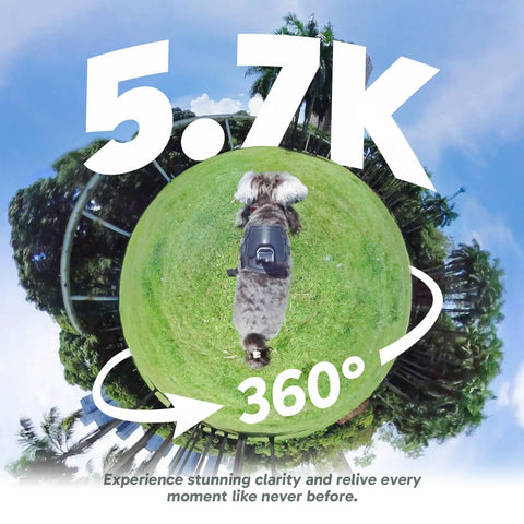 Weatherproof 5.7K 360 Video Action Camera Creator Bundle showcasing 360° view with clear details on grass and sky.