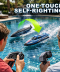 Two people controlling Fast 25 KPH RC Speed Boat For Kids With LED Lights Long Range 2.4GHz Remote Self Righting in a pool.