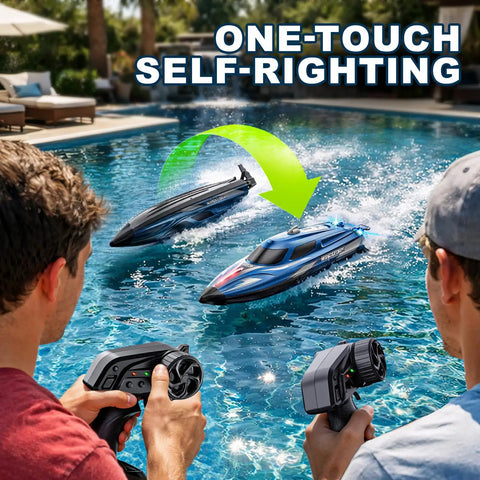 Two people controlling Fast 25 KPH RC Speed Boat For Kids With LED Lights Long Range 2.4GHz Remote Self Righting in a pool.