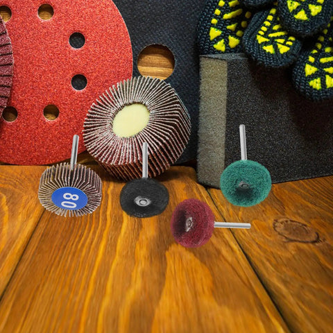 Assorted Double Layer Flap Buffing Wheels Set for Drill Sander, 50 Pieces on wooden surface, includes Boss-Grade Steel Abrasive Flap Wheels